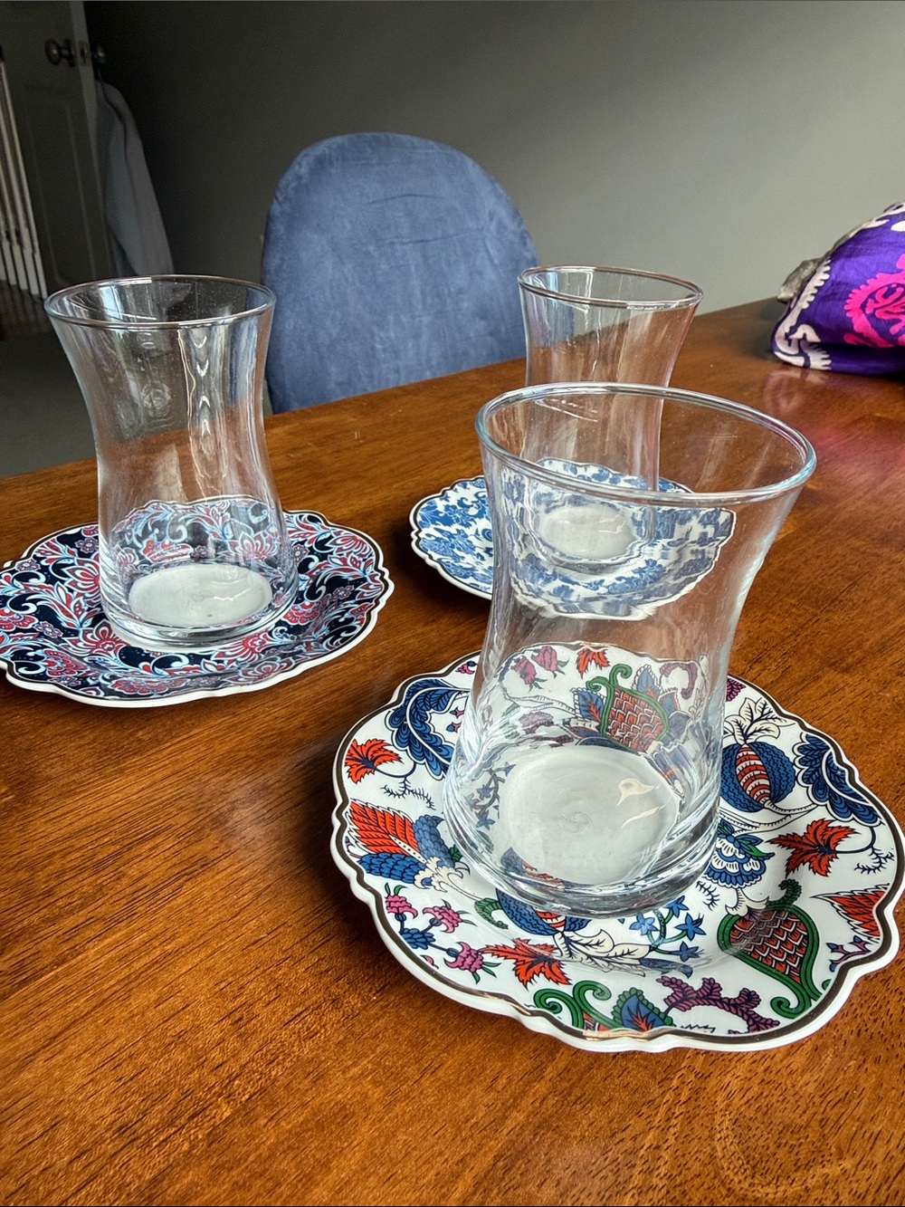 Classic Decorative Tea Glasses with Floral Saucers - Set of 3